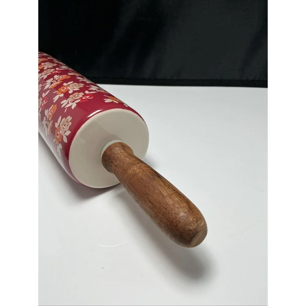 Retired Pioneer Woman Rolling Pin Fall Flowers Burgundy Autumn Harvest Ceramic